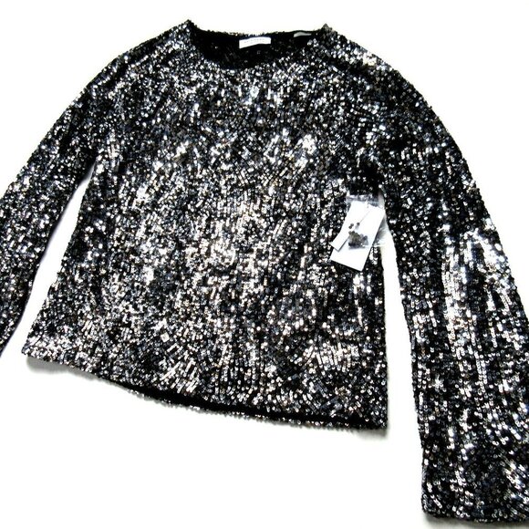 NWT Equipment Abeline in Chrome Sequin Boxy Bell Sleeve Top XS $348 - Picture 3 of 8
